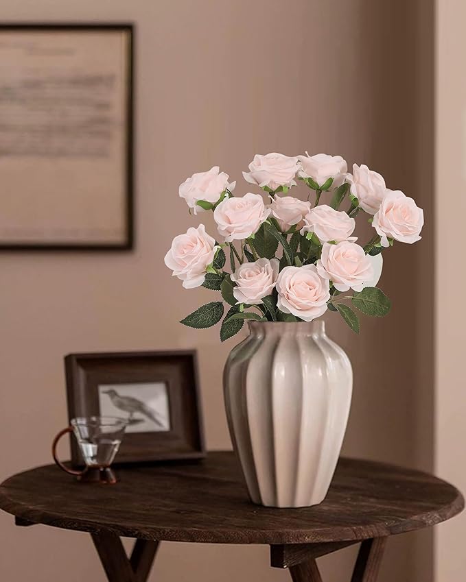 DuHouse 10pcs Fake Roses Artificial Silk Flowers Long Stems Bouquet for Arrangement Wedding Centerpiece Party Home Kitchen Decor(Blush)