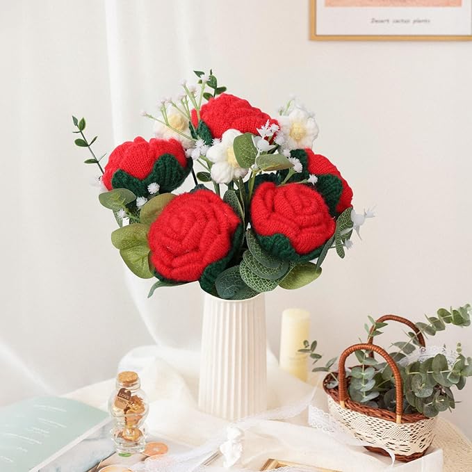 Foyucool Crochet Flowers Bouquet, Handmade Knitted Rose Bouquet with Gift Bag for Home Deocor, Crocheted Finished Flower for Wedding, Mother's Day, Teachers' Day and Valentine's Day, Rose Red