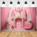 15x10ft Pink Princess Castle Backdrop Curtain Window Door Room Interior Background for Photography Sofa Flowers Vases Banner Decorations Girl Kids Birthday Baby Shower Party Photo Booth Props