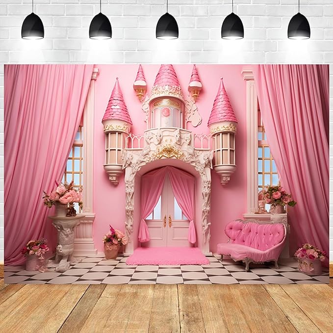 6x4ft Pink Princess Castle Backdrop Curtain Window Door Room Interior Background for Photography Sofa Flowers Vases Banner Decorations Girl Kids Birthday Baby Shower Party Photo Booth Props