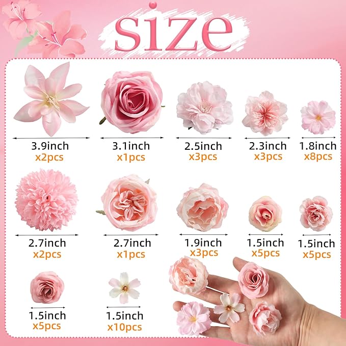 Fake Flower Heads for Crafts - Pink Silk Artificial Roses, Peonies, Daisies & Mini Floral Heads Bulk (48-Pack) for Wedding Decor, Graduation Cap, Cake Topper, Baby Shower, Home Decoration