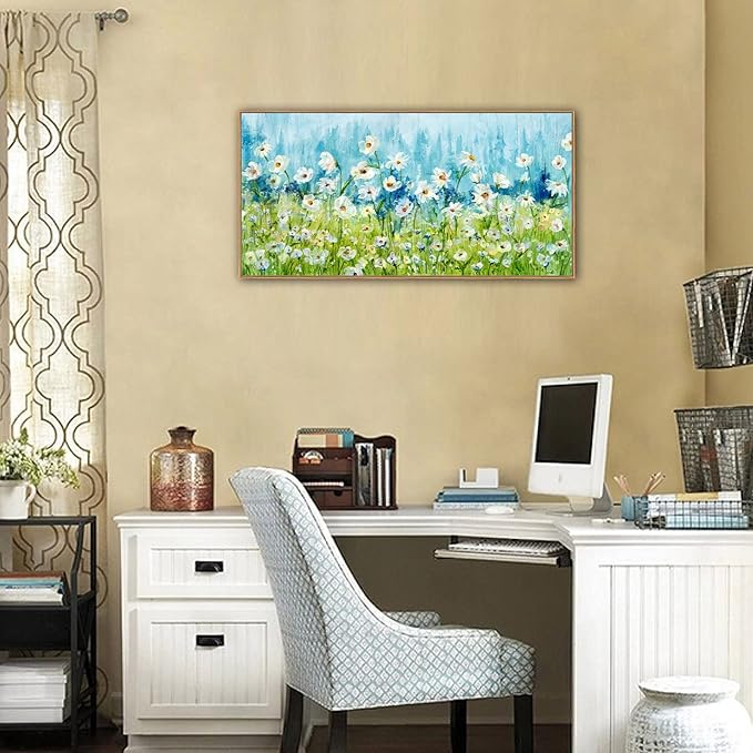 Framed Wall Art Wildflowers Canvas Pictures Living Room Wall Decor Abstract White Daisy Floral Prints Spring Landscape Painting Green Grass Artwork for Bedroom Kitchen Home Office Decor 20"x40"