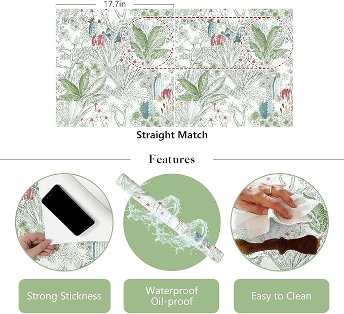 Erfoni 17.7x236.2inch Floral Peel and Stick Wallpaper - Flower Vintage Green Leaf Contact Paper - Self Adhesive DIY Removable Wall Covering for Home