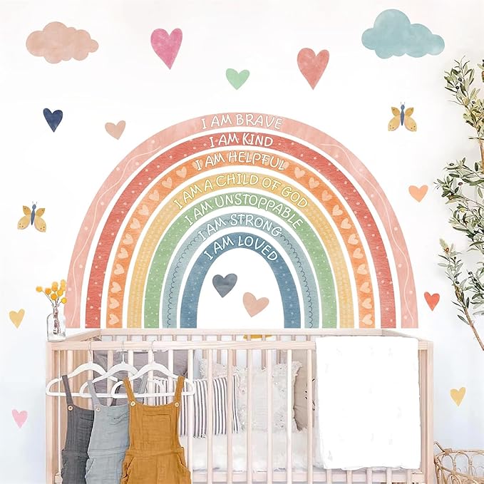 Large Rainbow Wall Stickers Kids Inspirational Wall Decal Peel and Stick Boho Rainbow Walls Decals for Baby Girls Bedroom Pastel I Am Motivational Art Mural for Nursery Playroom Decor 44.5"x73.4"