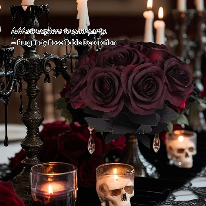 Felice Arts 12 Pack Burgundy Roses Artificial Flowers with Black Stems Silk Roses Fake Gothic Flowers Bouquet for Halloween Wedding Centerpiece Table Vase Home Indoor Kitchen Party DIY Vampire Decor