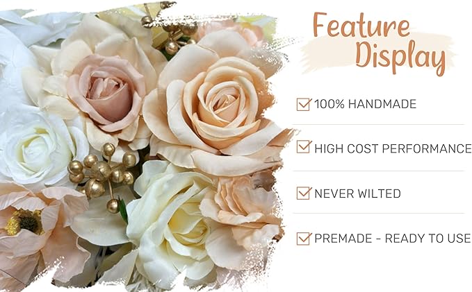 Wedding Arch Flowers with Drapes Kit (Pack of 5) - 2pcs Artificial Beige & Cream Deluxe Swag with 3pcs Hanging Drapes for Wedding Ceremony Arbor Reception Backdrop Rose Floral Decorations