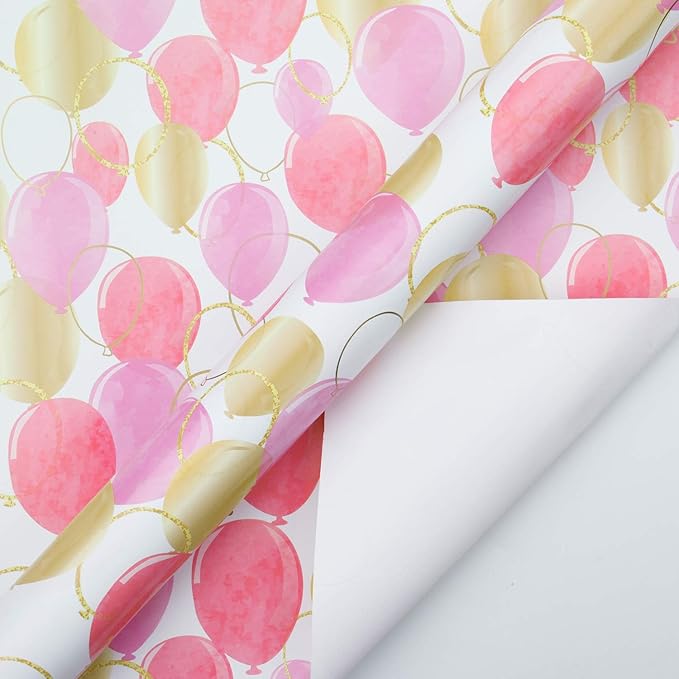 WRAPAHOLIC 30 Inch Wrapping Paper Roll - Pink Purple Gold Print Celebrating Balloon Design for Birthday, Holiday, Wedding, Baby Shower Wrap - 30 inch x 33 feet