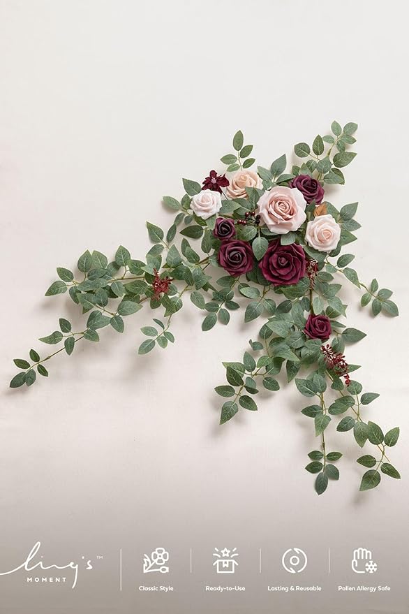 Ling's moment Wedding Artificial Welcome Sign Flowers Swag Arch Floral Garland Decorations Marsala Blush Ceremony Reception Entrance Entryway Party Banquets Easel Wall Home Outdoor(NOT Include Sign)