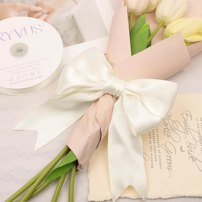 Cream Satin Ribbon, Double Faced 2 Inch X 25 Yards Cream Ribbon, Premium Satin Ribbons for Gift Wrapping, Crafts, Hair Bow Making, Sewing, Flower Bouquet, Wedding Party Decor