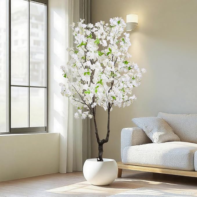 Artificial Cherry Blossom Tree Faux White Flower Tree,6 FT Fake Cherry Blossom Tree Indoor Outdoor for Home Decor