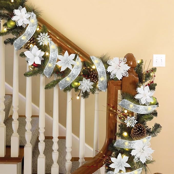 72 Pcs 9 Styles Christmas Glitter Poinsettia Flowers,Christmas White Glitter Artificial Poinsettia Flower Tree Ornaments for Xmas Wreaths Garland Floral Gift Winter Wedding Holiday Decoration(White)