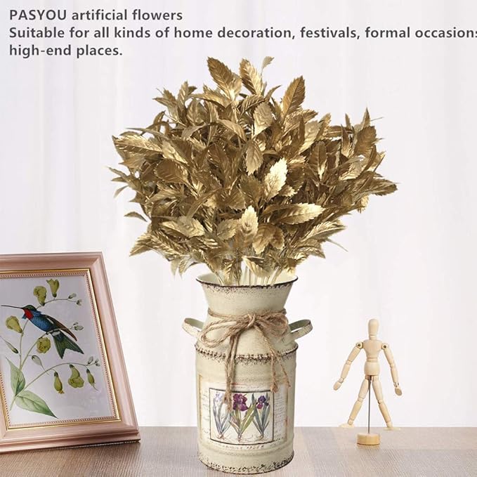 PASYOU Christmas Artificial Plants Decoration, Plastic Grass Fake Shrubs Simulation Leaves Indoor Outdoor Home Garden Planter Filler Party Hotel Verandah Wedding UV Resistant DIY Decor - Gold 2 Pack
