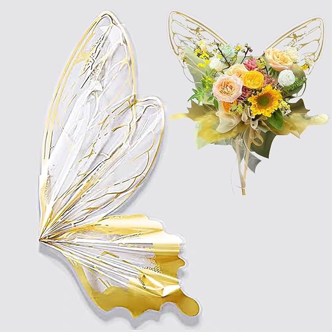 LLBWKC 20 Sets Butterfly Flower Wrapping Paper, Waterproof Butterfly Flower Bouquet Wrapping Paper, OPP Clear Floral Wraps for Florist Supplies, Gift Packaging, DIY Craft 20x22 in (Gold Butterfly)