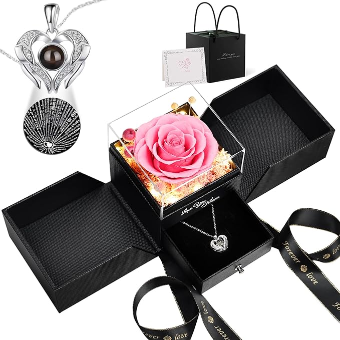 FIACO Gifts for Women Preserved Real Roses with I Love You Necklace Fresh Forever Flowers Birthday Gifts for Mom Grandma Wife Girlfriend on Anniversary Christmas Valentines Romantic Gift
