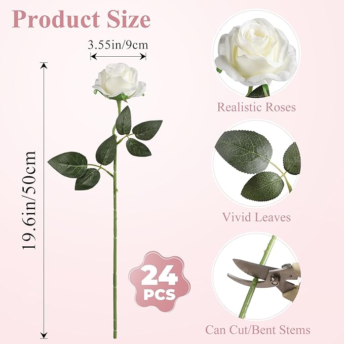 Nubry 24pcs Artificial Silk Roses Bulk,Fake Roses Flower with Stems Realistic Flowers for Wedding Centerpiece Home Party Decor(White)