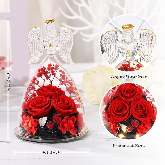 ANWEAO Gifts for Women Birthday Christmas Preserved Rose Forever Flower in Glass Angel Figurines Fresh Flowers for Delivery for Mom Real Colorful Roses for Grandma Wife Her from Daughter
