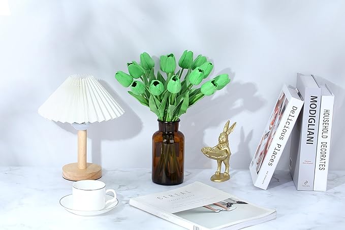 SITUMEIZI 15pcs Green Tulips Fake Artificial Flowers Real Touch 14" Silk Flower for Home Decor Easter Spring Wedding Bouquet Decorations Mother's Gift Day Floral Arrangements