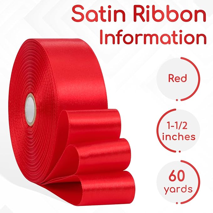Red Satin Ribbon 1-1/2 Inch 60 Yards, Solid Polyester Fabric Ribbon for Gift Wrapping, Flower Bouquet, Crafts, Handmade Roses, Christmas, Wedding and Hair Accessories