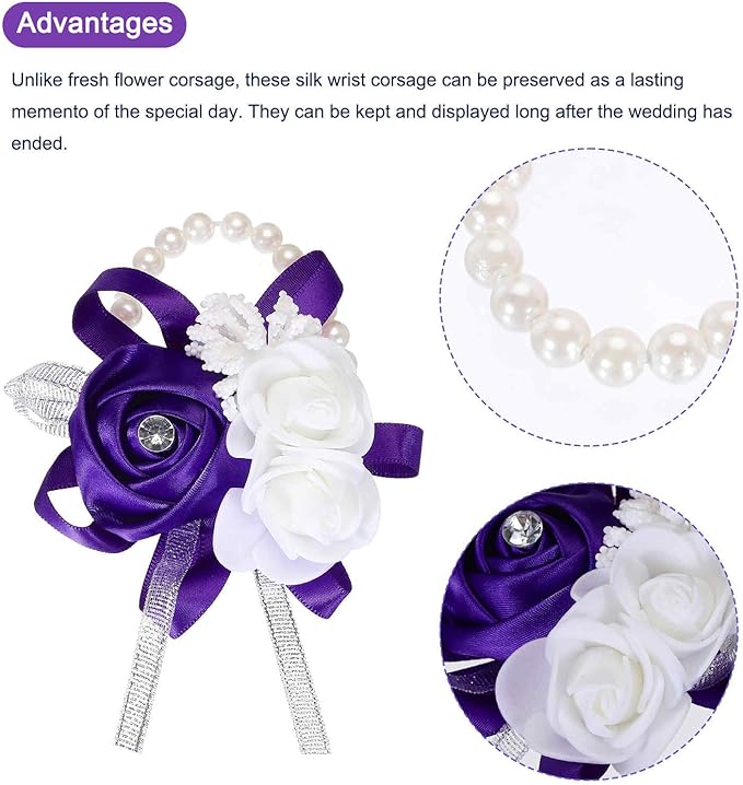 MECCANIXITY Wrist Corsage Artificial Flower Bracelets Rose Wrist Bride Groom Decorative for Wedding Ceremony Prom Party Anniversary Purple