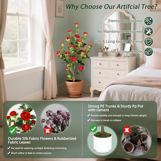 Artificial Camellia Tree 4FT – Nearly Natural Faux Plants Indoor, with Easy Assembly, Low Maintenance, Ideal for Both Indoor Decoration and Other Purposes，Perfect Porch Christmas Trees (Red 4ft x2)