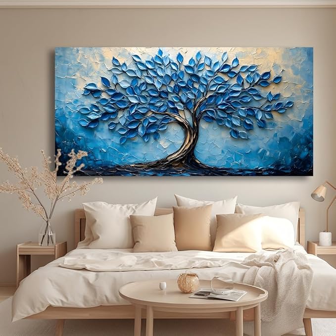 LAVIKARS Modern Tree of Life Wall Art for Living Room Office Navy Blue Abstract Oil Landscape Canvas Painting Prints Large Nature Artwork Home Kitchen Bedroom Decor (28x58 Inches)