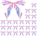 WRAPAHOLIC 24 Pcs Small Holographic Pink Christmas Bows - Iridescent Pink Twist Tie Bows for Christmas Tree, Wreath, Gift Wrapping, Wedding, Crafts, Home Decor - 3.5 x 3.5 inch