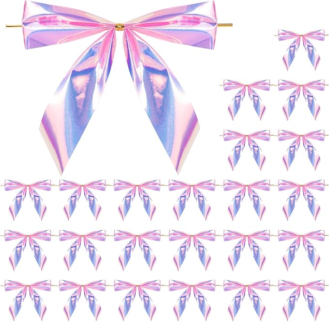 WRAPAHOLIC 24 Pcs Small Holographic Pink Christmas Bows - Iridescent Pink Twist Tie Bows for Christmas Tree, Wreath, Gift Wrapping, Wedding, Crafts, Home Decor - 3.5 x 3.5 inch