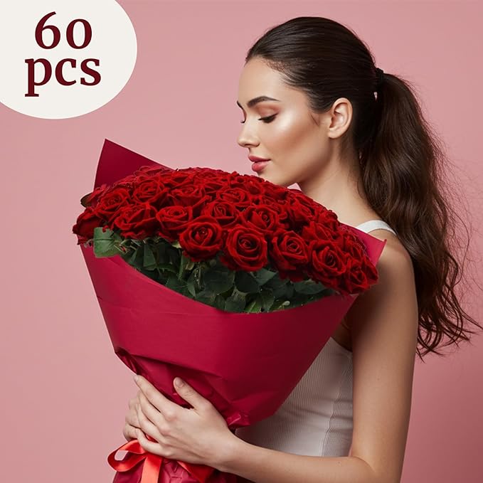 Auihiay 60Pcs Red Roses Artificial Flowers, Velvet Silk Faux Roses, Realistic Red Flowers for Wedding Centerpieces, Cake, Bridal Bouquets, Home Decor, Anniversary, Valentine's Day Decorations