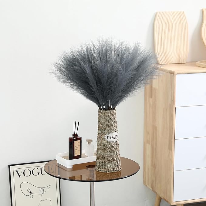 60pcs Grey Pampas Grass Decor - 24 Inch Long Faux Pampas Grass Decor, Artificial Pampas Feather for Vase Filler, Wedding, Party, Office and Home Decor (Grey)