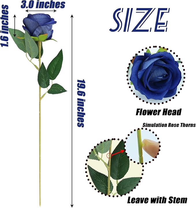 SITUMEIZI 15PCS Blue Artificial Roses Silk Flowers Fake Roses Realistic Bouquet Long Stem with Gift Box for Mother's Gift Day Home Party Wedding Decorations