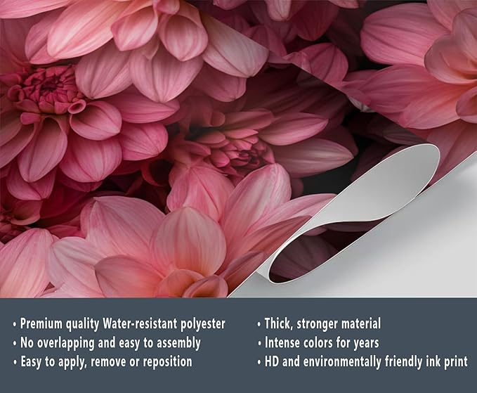 Pink Dahlia Floral Wall Mural, Blush Pink Dahlia 3D Wall Murals, Romantic Floral Wallpaper Mural, for Living Room Bedroom Large Wallpaper Indoor Decor 98.4" W x68.9 H