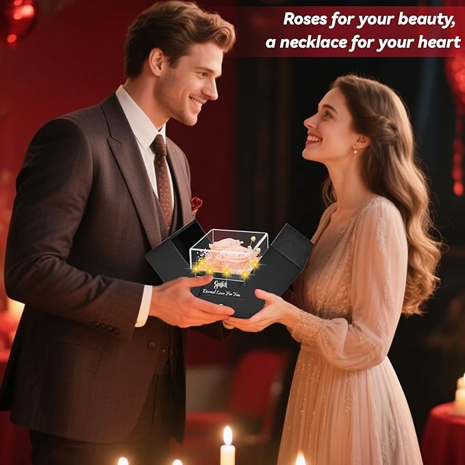 2 Preserved Rose Gift for Women - Eternal Rose with I Love You Necklace - Romantic Birthday Gifts for Girlfriend Mom Her Wife Grandma on Valentines Mothers Day Anniversary Christmas-Red Champagne