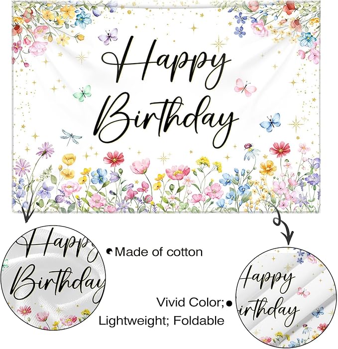 Mocsicka Wildflower Birthday Backdrop Decorations Girls Spring Garden Floral Photo Background Butterfly Wildflower Birthday Party Decorations