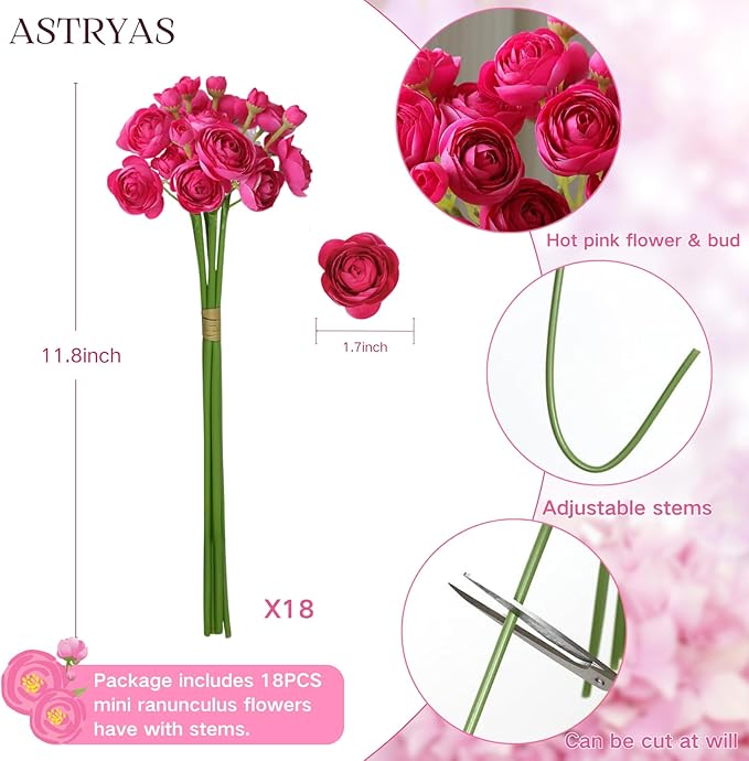 ASTRYAS Ranunculus Artificial Flower, 18Pcs Hot Pink Faux Silk Mini Ranunculus Flowers for DIY Bouquet, Bulk Fake Wedding Filler Flowers for Centerpiece Table Wedding Bridal Party Home Decor Cake