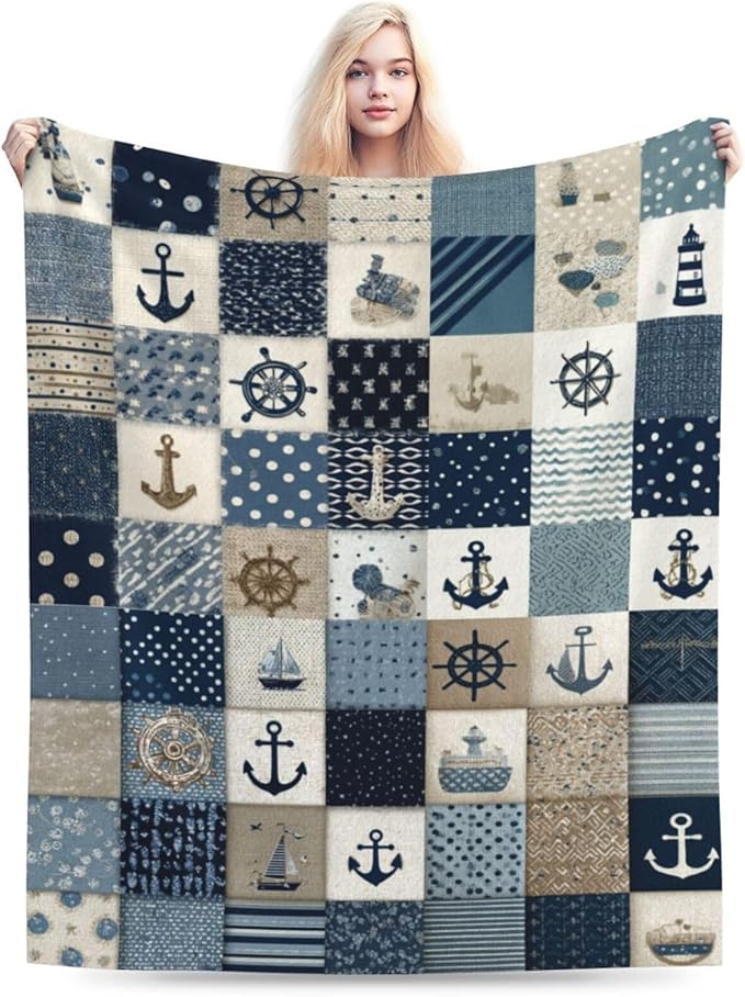 Nautical Blanket Ocean Sea Throw Blanket Sailboat Anchor Soft Cozy Fleece Fuzzy Stuffed Plush Flannel Gifts for Girls Women Boys Kids Adults 50"X60"
