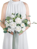 10 Inch White&Greenery Bridal Bouquet,Wedding Bouquet,Bride Bouquets for Wedding Ceremony Anniversary, Party and French Rustic Vintage Wedding,Artificial Flowers…