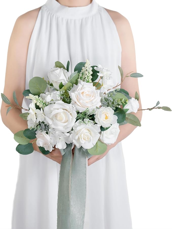 10 Inch White&Greenery Bridal Bouquet,Wedding Bouquet,Bride Bouquets for Wedding Ceremony Anniversary, Party and French Rustic Vintage Wedding,Artificial Flowers…