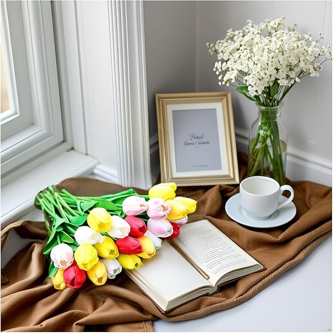 18pcs Multicolor Artificial Tulips 13" PU Artificial Flowers for Family Friend Gifts DIY Flower Arrangement Flowers in Home Kitchen Office Party Wedding Dining Table Decoration