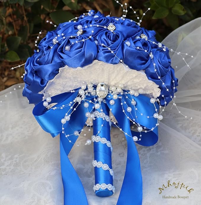 Bridal Wedding Bouquet Round Bling Brooch Bouquet Throw Toss Artificial Rose Flower Bunch for Bride Bridesmaid Wedding Quinceanera(Royal Blue, 9.8")