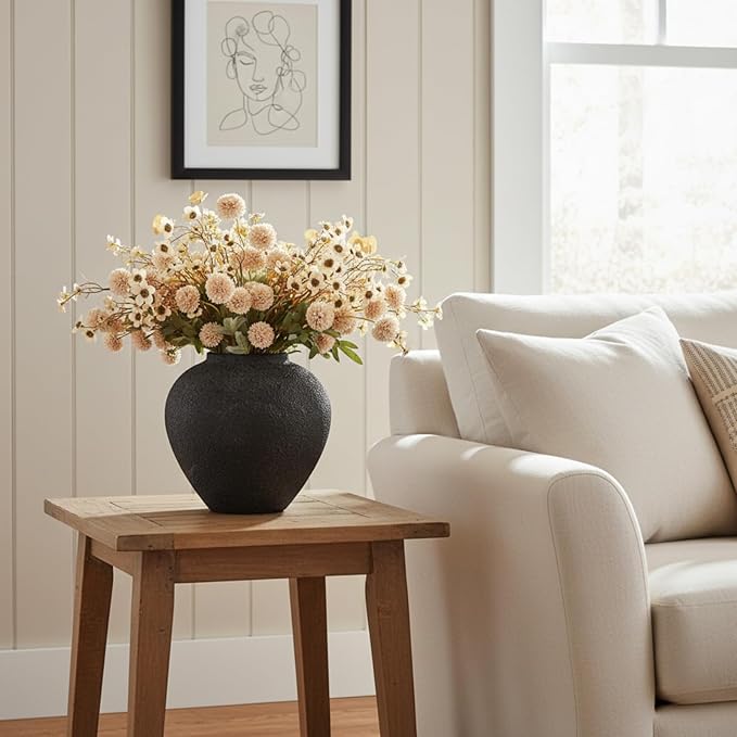 Black Large Round Vase Pottery Look for Home Decor, Arina Black Rustic Vase Modern Farmhouse, Console Table Decor, Earthy Textured Big Black Round Vases for Centerpieces, Jarrones Grandes