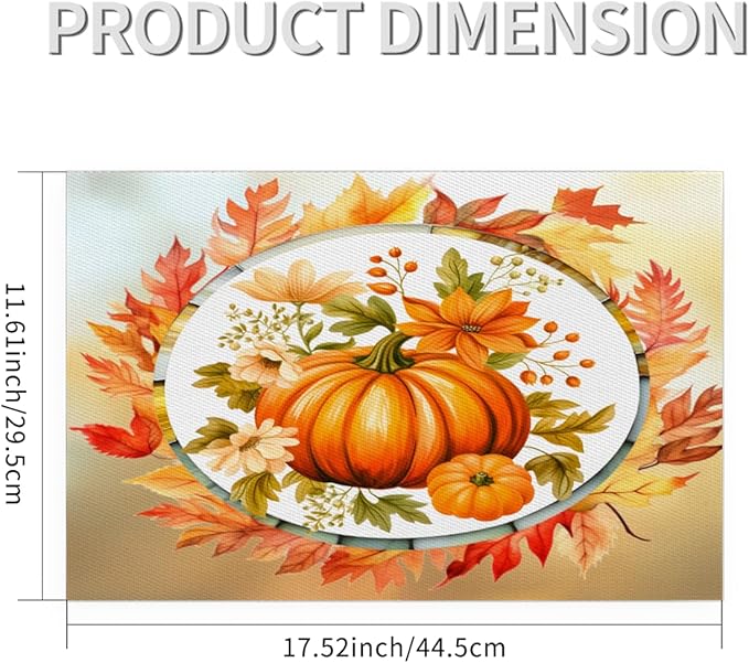 Fall Autumn Flower Pumpkin Placemats Set of 4 PVC Vinyl Non Slip Table Mats Heat Resistant Place Mats Washable Wipeable Dining Table Mat for Kitchen Decor Party Indoor Outdoor Decorative Gift