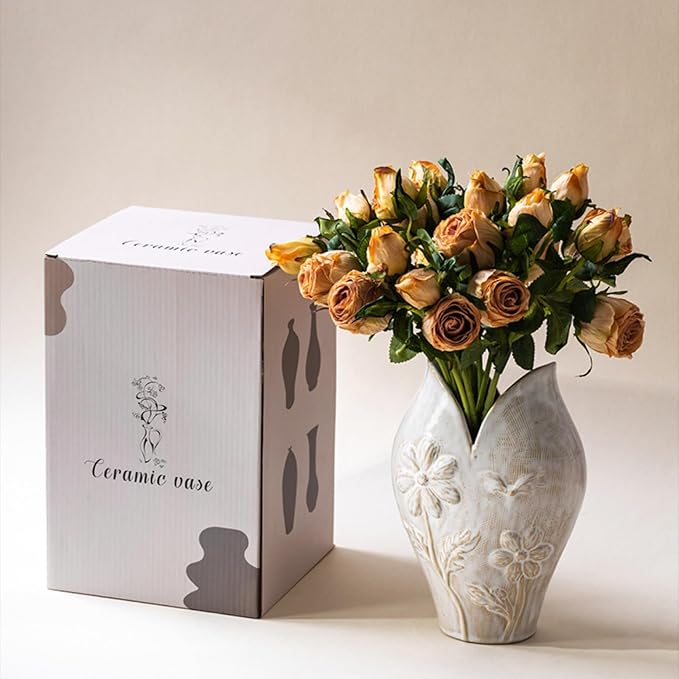 Wabi-Sabi Ceramic Vase, Nordic Minimalist Handmade Pottery for Fresh & Dried Flowers, Retro Glazed Decorative Centerpiece, Gift Box Packaging, 26cm Height