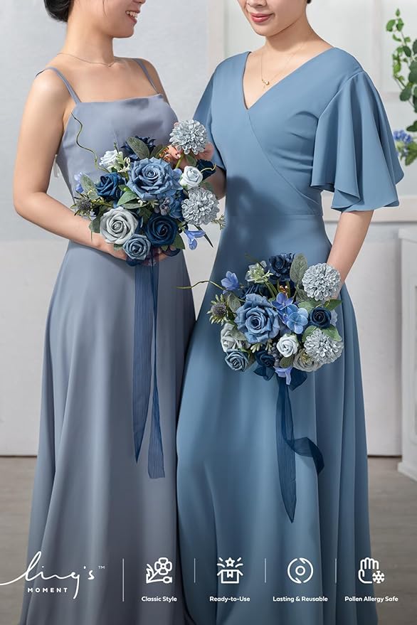 Ling's moment Blue Bridesmaid Bouquet Set of 4, Dusty Blue and Navy Blue Wedding Bouquets for Bridesmaids, 7 Inch Bridal Bouquets for Bridesmaids, Wedding, Ceremony, Anniversary