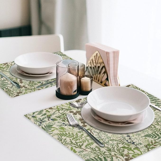 Retro Botanical Placemats Set of 4, 17x12 Inch Rustic Farmhouse Green Leaves Vintage Plants Aesthetic Table Mats for Home Party Kitchen Dining Decor