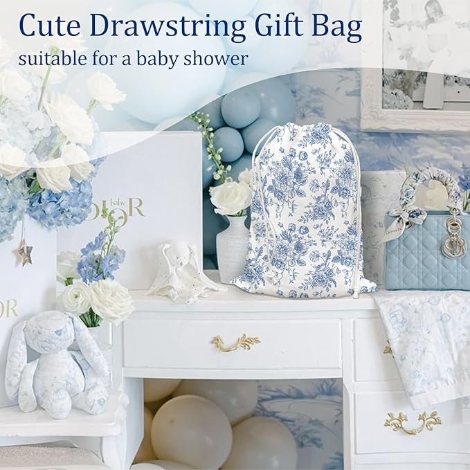 DSHFG Light Blue Chinoiserie Toile Floral Birthday Drawstring Gift Wrap Bags, Chinoiserie Baby Shower Drawstring Gift Bags Canvas, Blue and White Small Happy Birthday Bag, Gifts for Women, 10x13 Inch