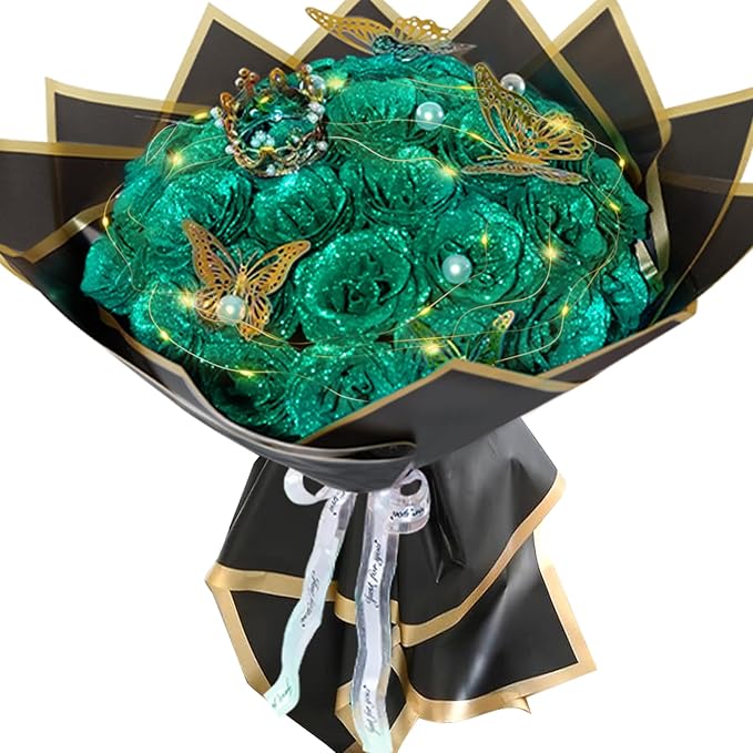 Dark Green Glitter Roses Bouquet, 24 Pcs Shiny Glitter Flowers Bouquet, Everlasting DIY Artificial Roses Bouquet for Christmas, Birthday, Anniversary, Wedding, Engagement