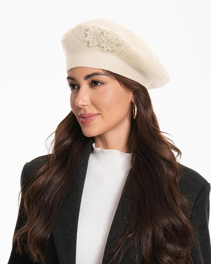 Flower Embroidery Beret Hat for Women, French Style Knitted Beret Hats, Stylish Solid Color Beret Cap for Women Girls Lady