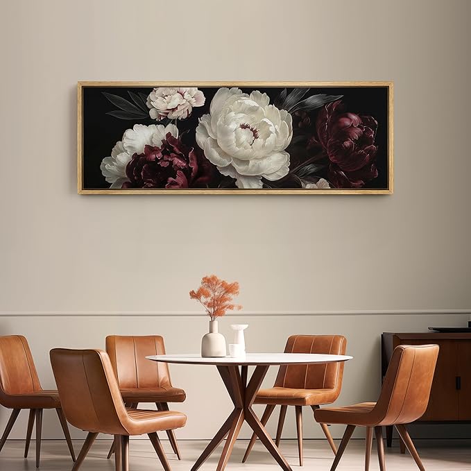 SIGNFORD Large Framed Canvas Print Wall Art Vintage Peonies Classic Floral Painting in Deep Tones Illustrations Modern Art Relax/Calm Warm for Living Room, Bedroom, Office - 60"x20"