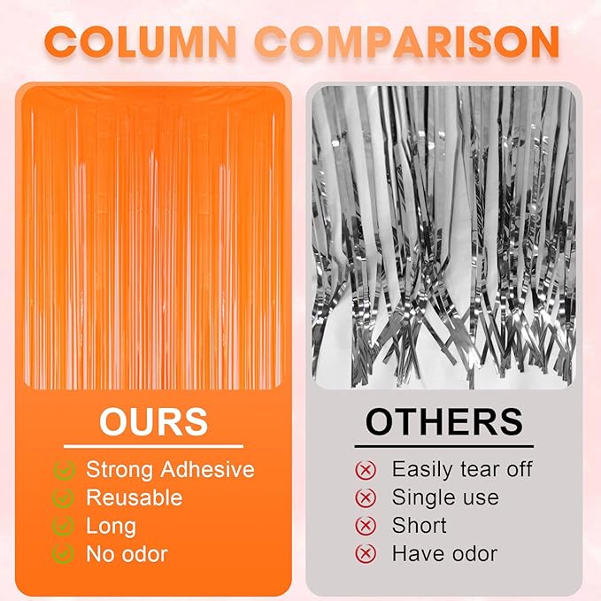 3 Pack 3.3x8.2 Feet Orange Foil Fringe Backdrop Curtains, Tinsel Streamers Birthday Party Decorations, Fringe Backdrop for Graduation, Baby Shower, Gender Reveal, Disco Party