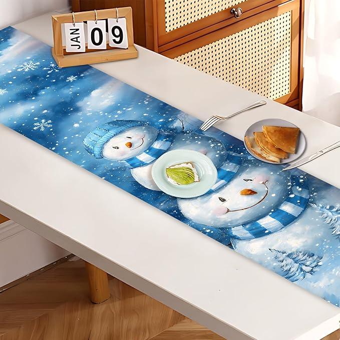 Christmas Snowman Table Runner for Dining Table, Winter Holiday Party Decor, Blue Snowflake Printed Long Tablecloth Runner for Kitchen, Christmas Dinner, Home Decoration, Holiday Table Setting